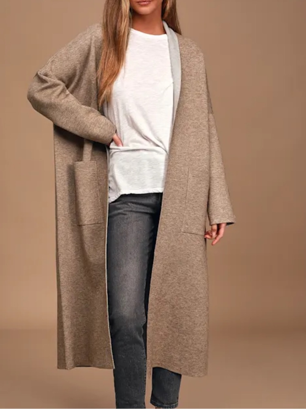 Long Open-Front winter Cardigan in Taupe one size